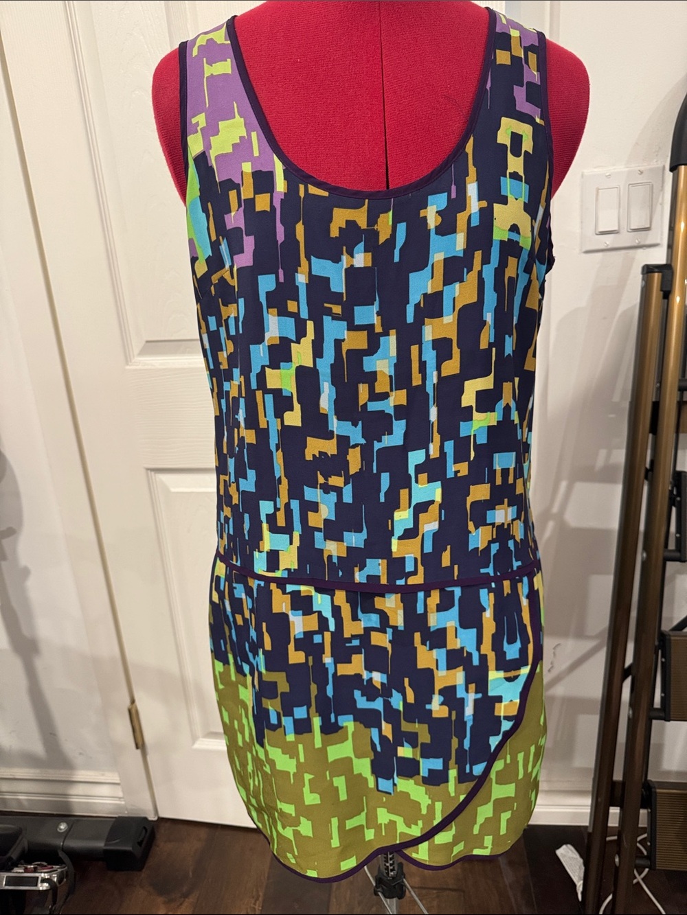 Navy Geometric Tank Dress with Lime and Aqua Accents